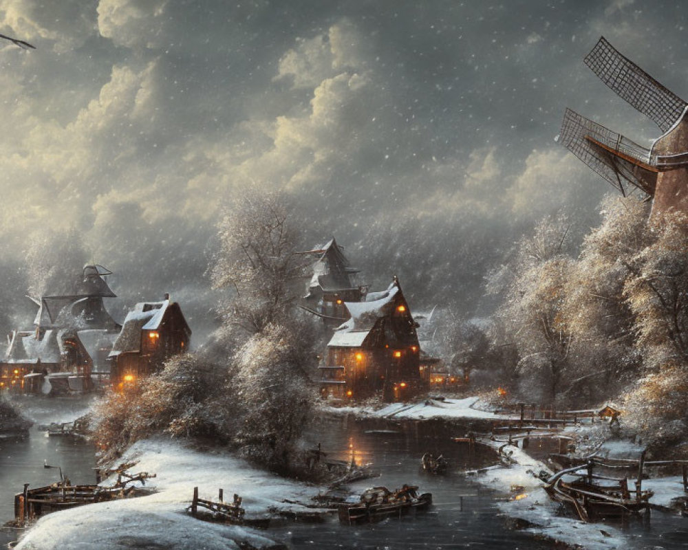 Snowy village with traditional houses, windmill, river, and bird at twilight
