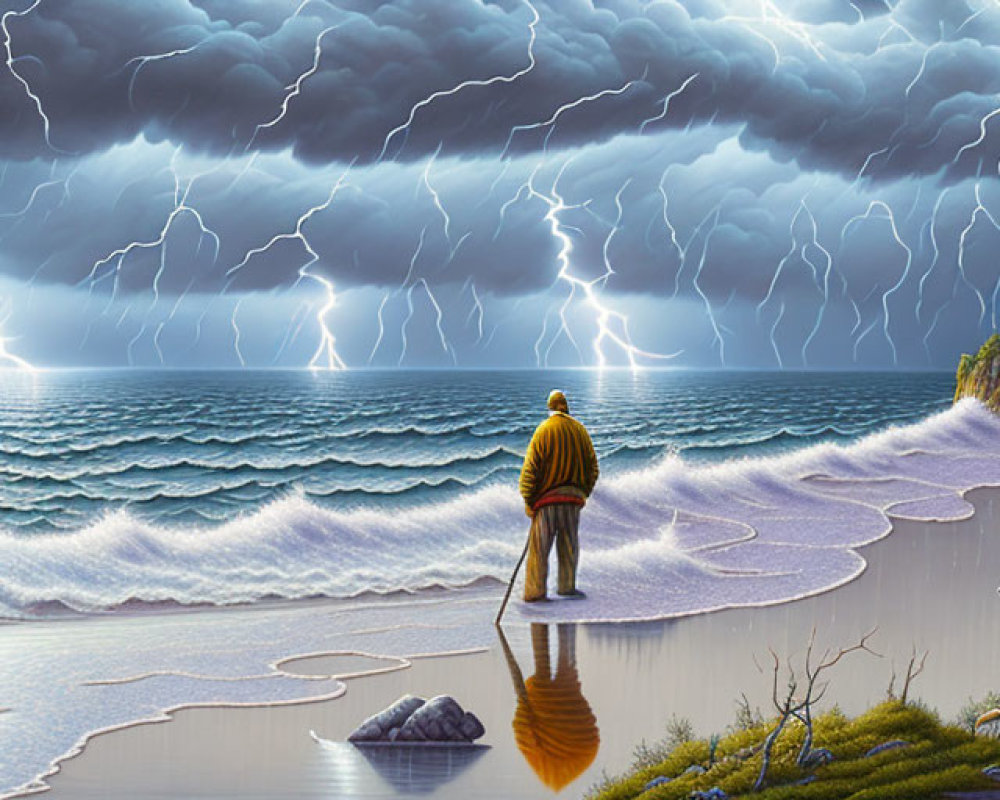 Person in Yellow Jacket Observing Thunderstorm on Beach