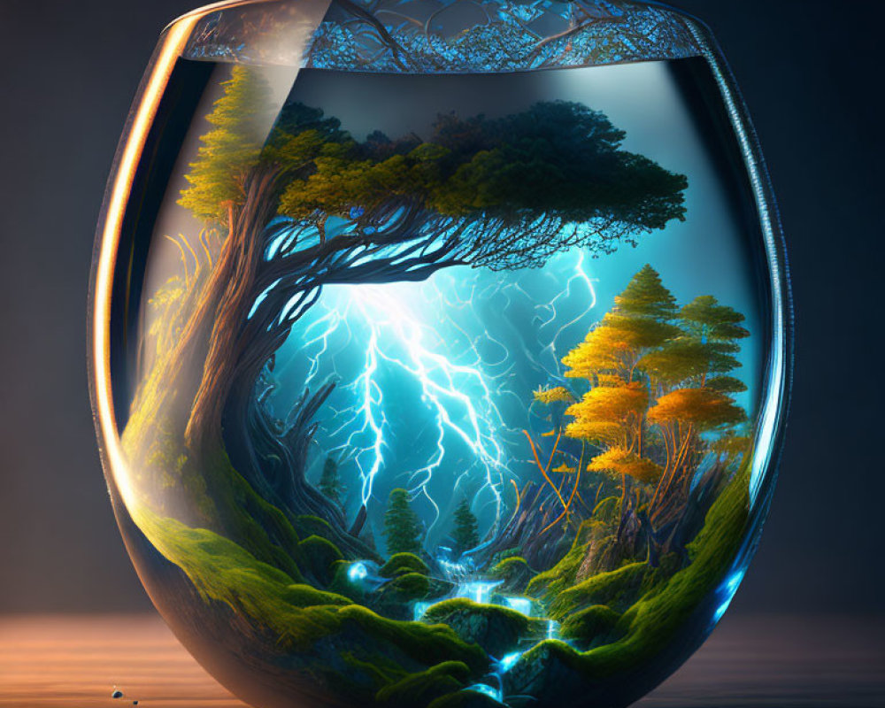 Transparent Fishbowl with Miniature Forest Ecosystem and Lightning