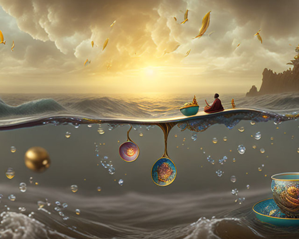 Fantastical seascape with floating ships, giant spoon, teacups, sugar planets, birds