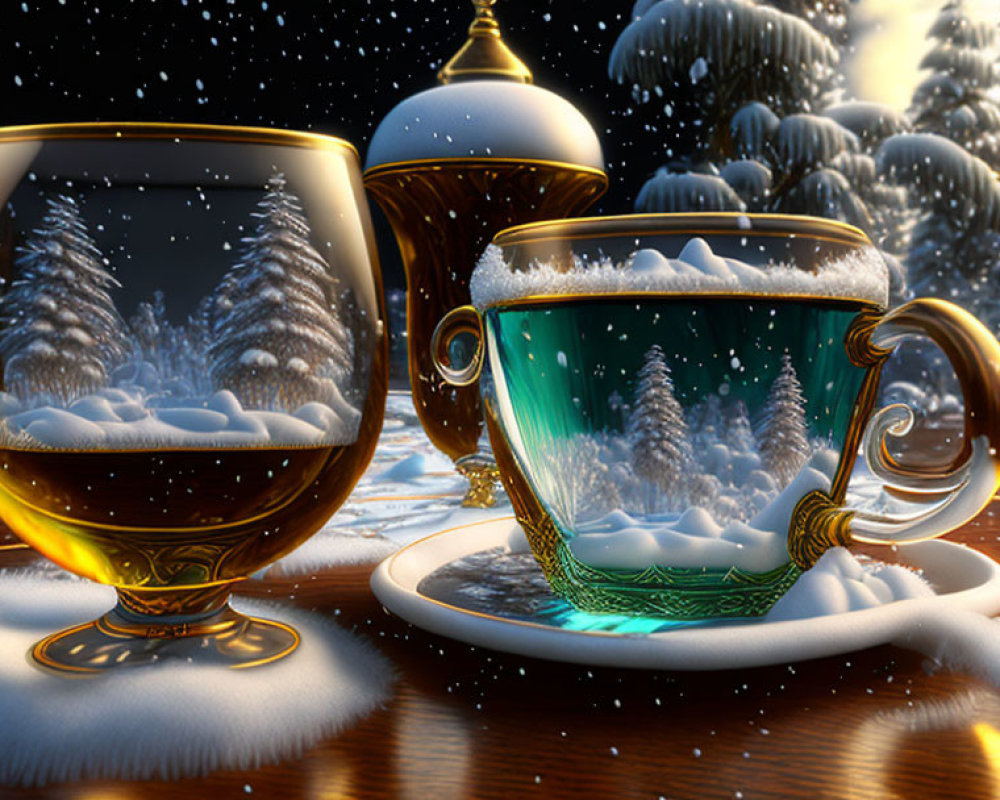 Ornate cups with wintery forest scenes, one filled with golden liquid and the other with