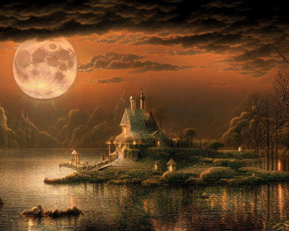 Fantasy landscape with full moon, lake, house, and foliage under cloudy sky