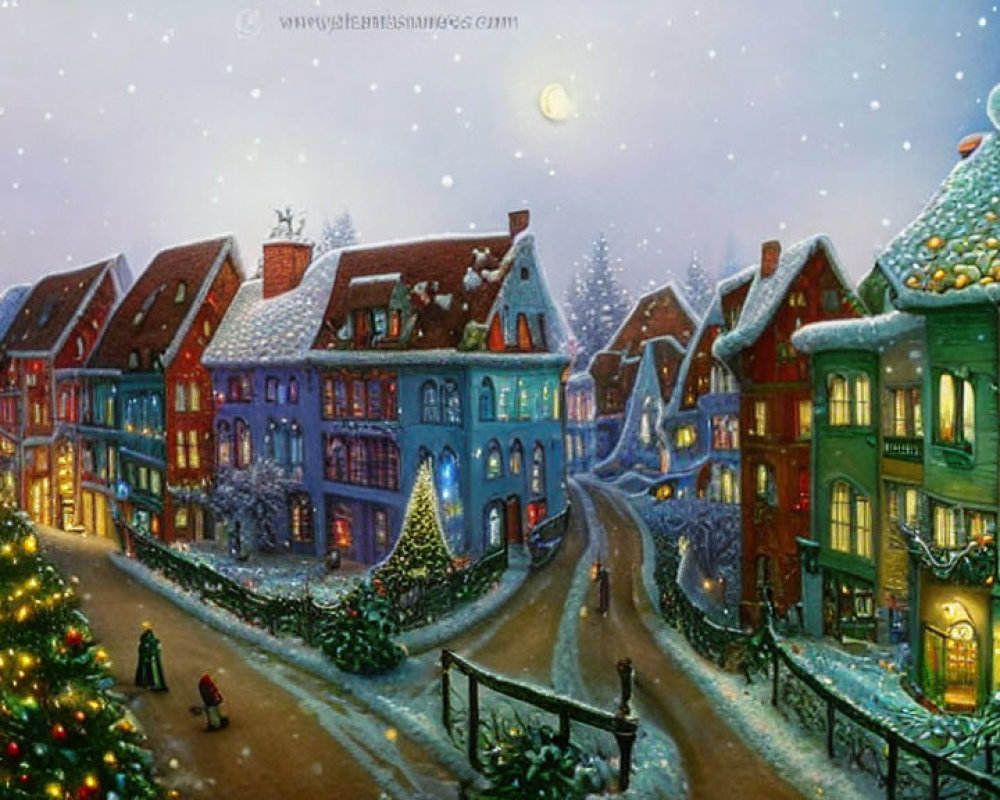 Snow-covered half-timbered houses in winter night scene