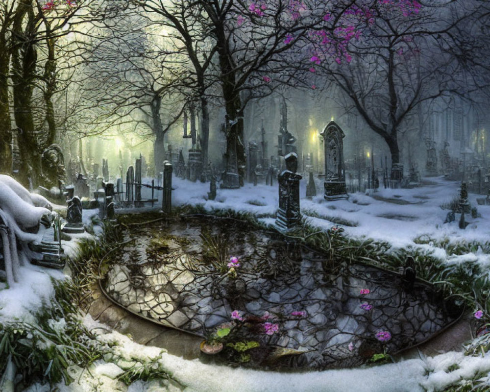 Snowy Cemetery with Pink Flowers, Tombstones, Cobblestone Path, and Fog at Twilight