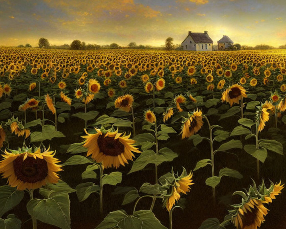 Sunflower Field at Sunset with White House in Distance