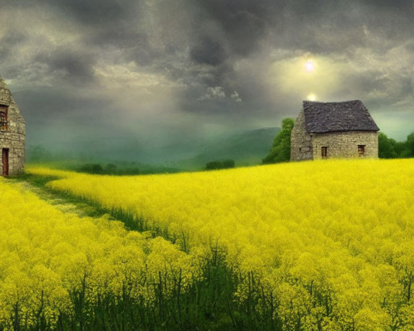 Tranquil landscape: stone cottages in yellow field under stormy sky