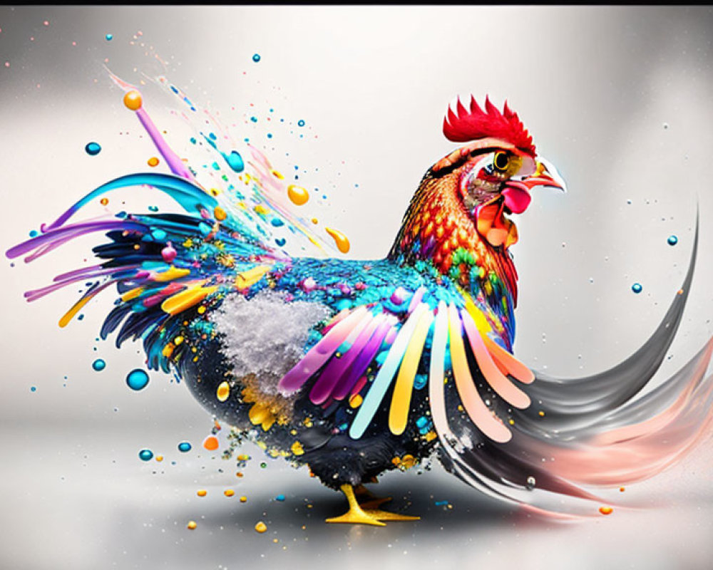 Colorful Rooster Artwork with Abstract Paint Splatters and Swirls