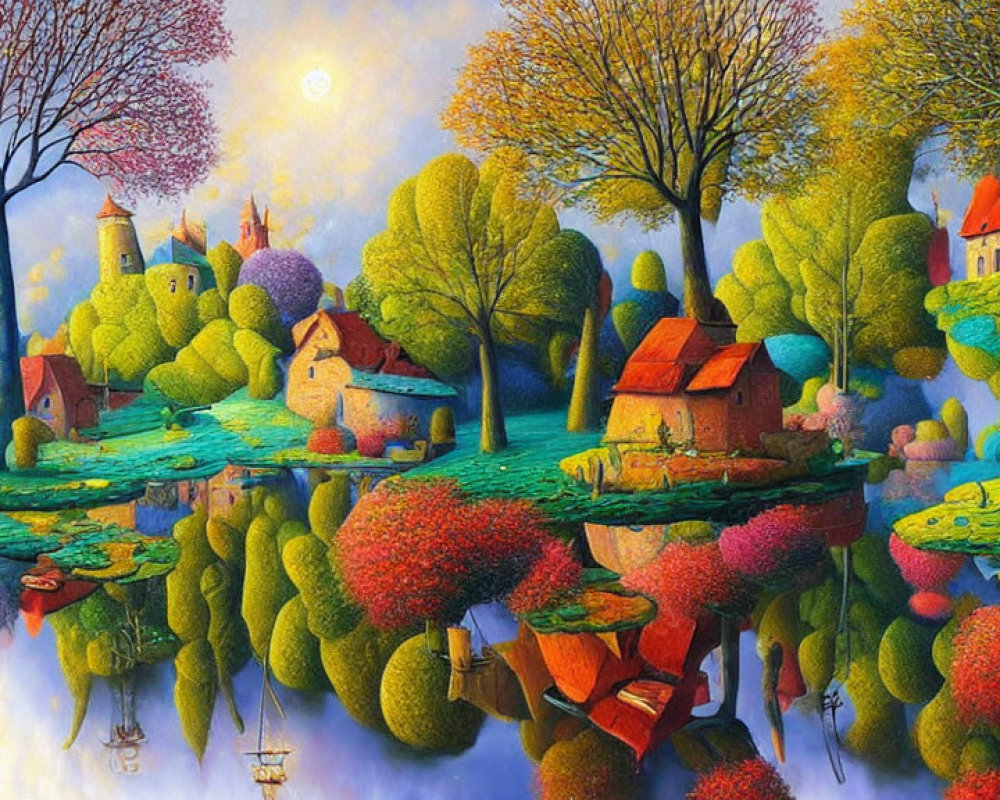 Colorful landscape painting with whimsical trees, reflective water, quaint houses