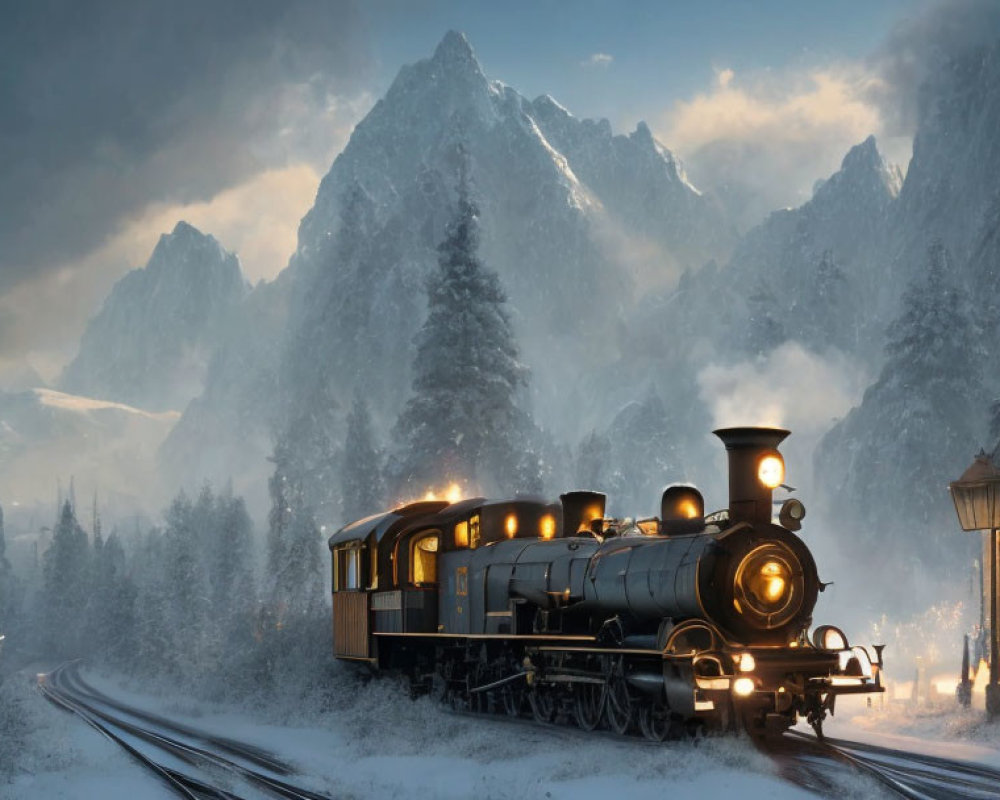 Vintage steam locomotive in snowy mountain pass at twilight