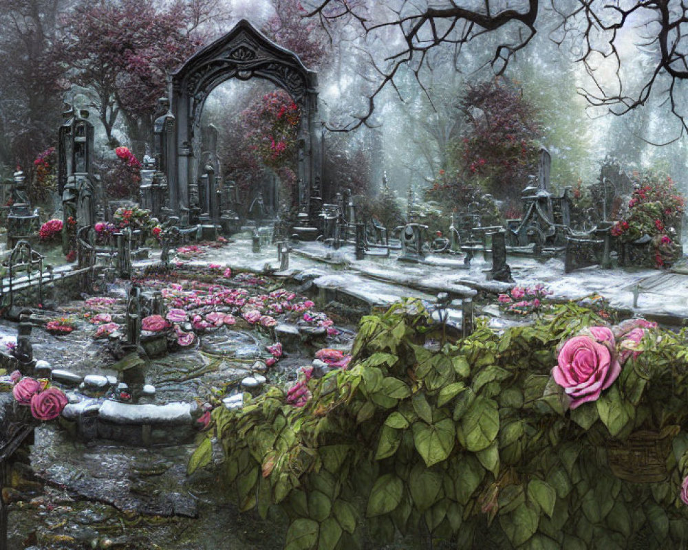 Serene cemetery scene with stone graves, archway, pink roses, ivy, mist, and