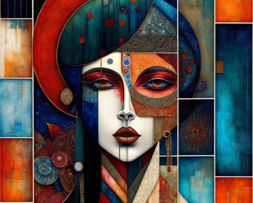 Colorful Abstract Painting of Woman's Face with Circular Motif