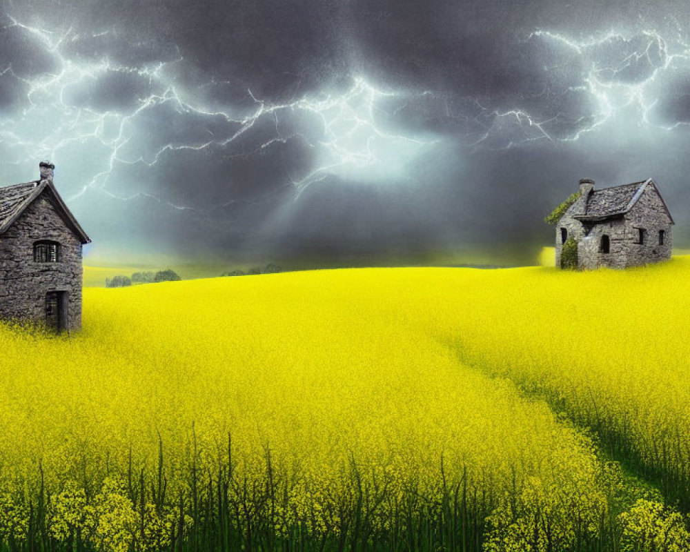 Stone houses in vibrant yellow rapeseed field under dramatic sky with lightning bolts