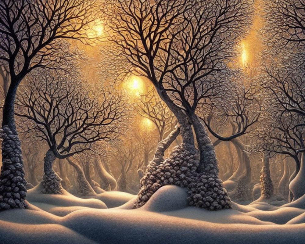 Twilight snow-covered landscape with bare trees and glowing lights