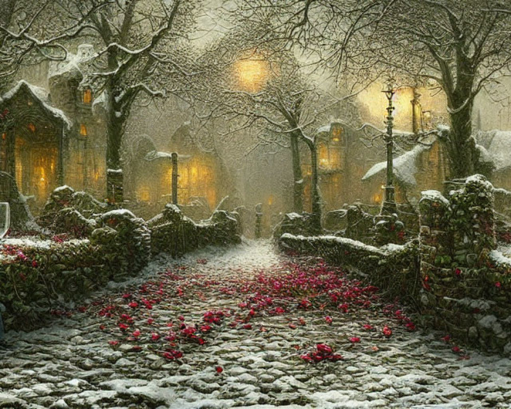 Woman in Blue Dress in Snowy Alley with Lanterns and Red Roses