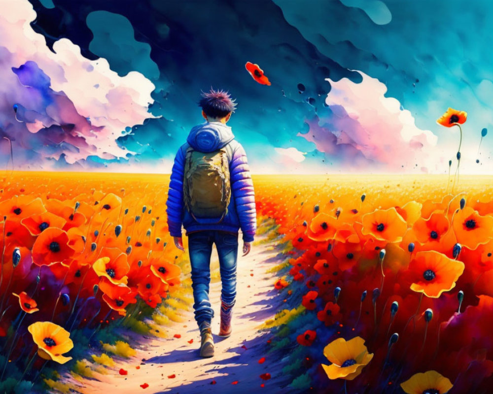 Person walking through vibrant poppy field under colorful sky