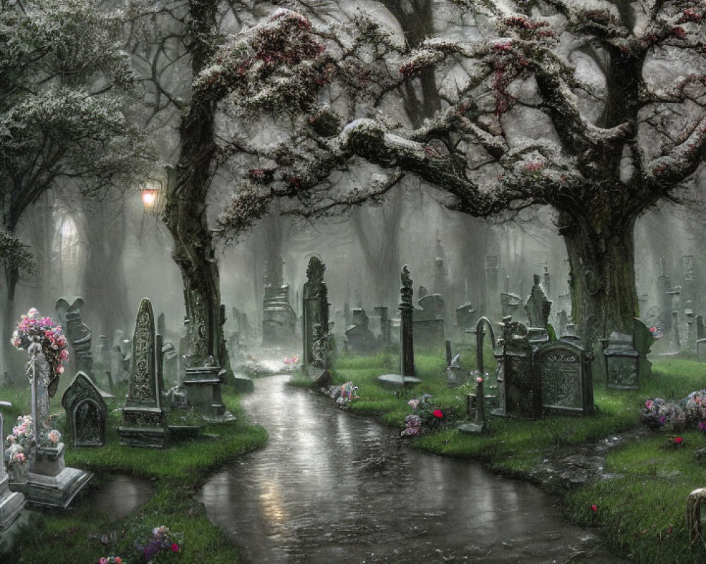 Foggy cemetery with blooming trees and weathered tombstones