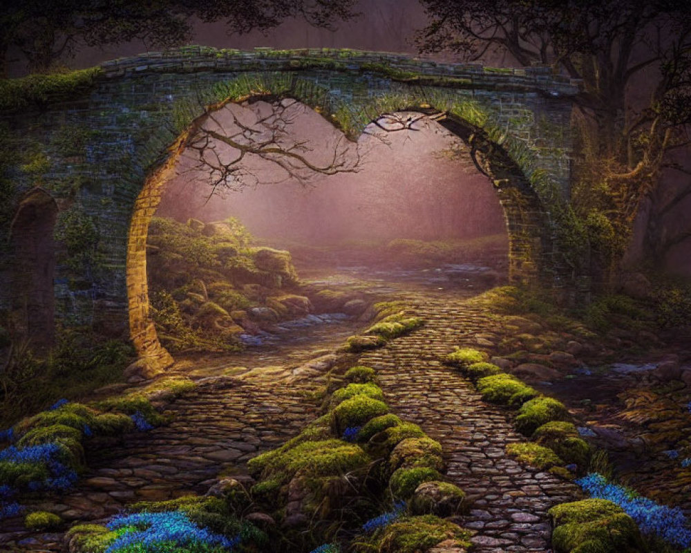 Stone bridge pathway surrounded by moss and blue flowers in mystical fog