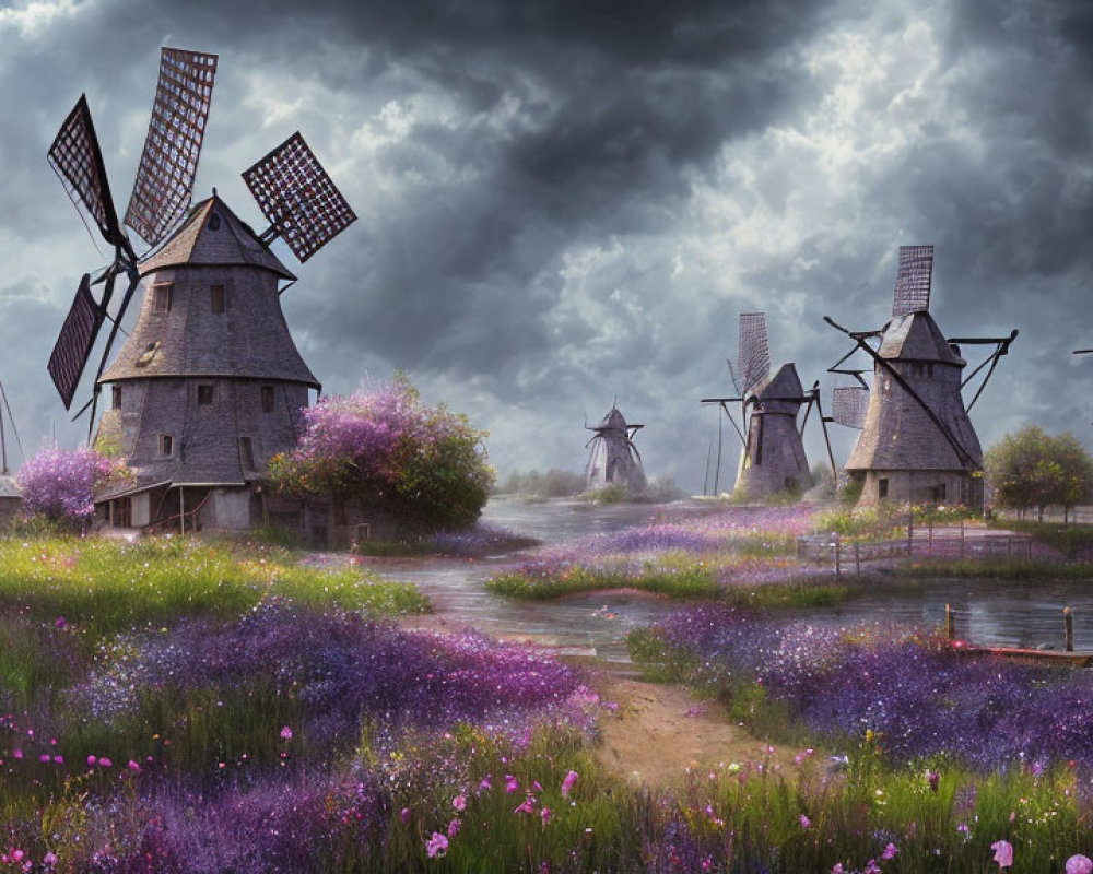 Traditional windmills by river with purple wildflowers under stormy sky