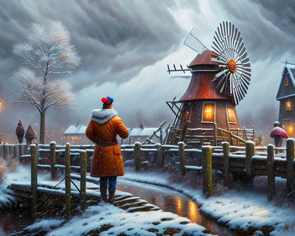 Person in winter coat by snowy path, observing windmill and houses under twilight sky with falling snowfl