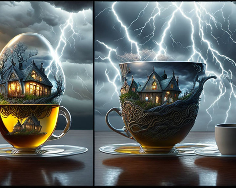 Digital art montage: Cozy houses in egg, teacup under stormy sky