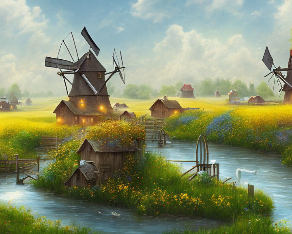Traditional windmills, wooden bridge, wildflowers, cottages in rural landscape