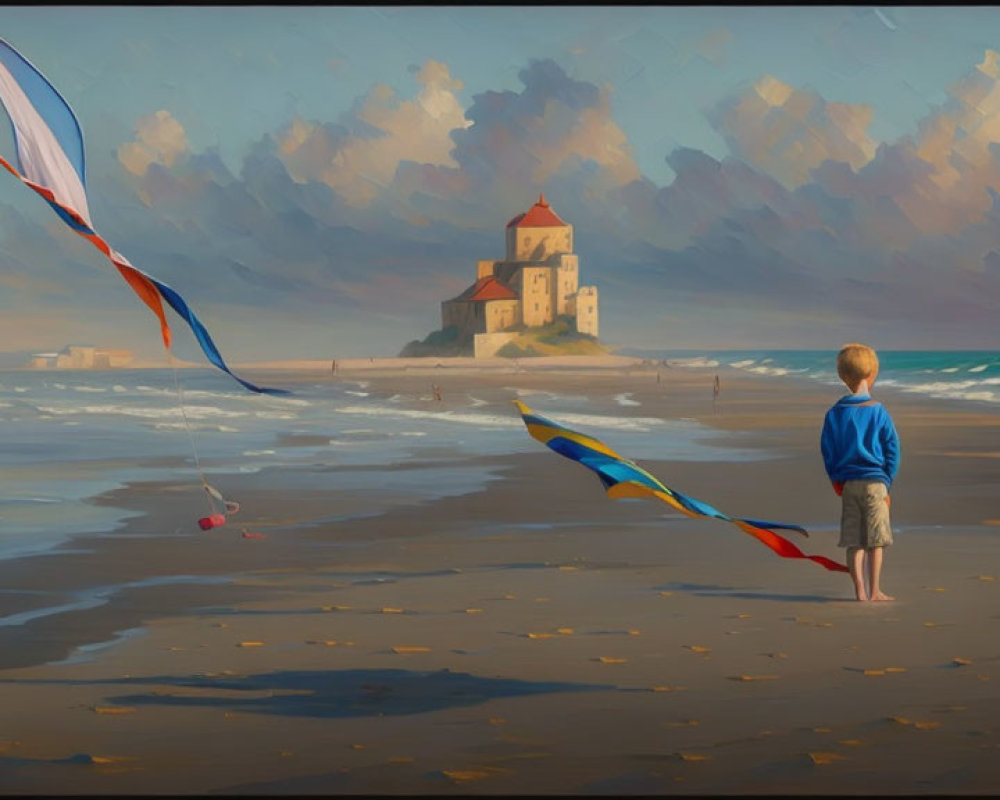 Boy on sandy beach gazes at distant castle with colorful kite.