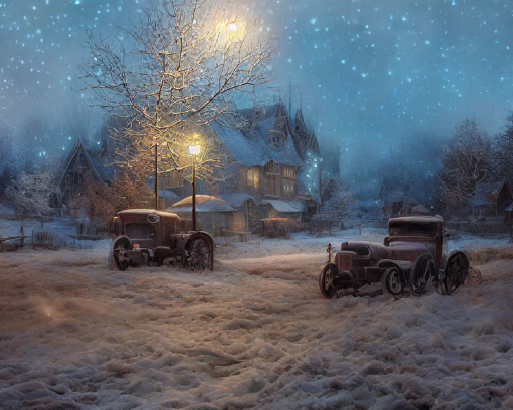 Vintage Cars Parked in Snow-Covered Village at Night