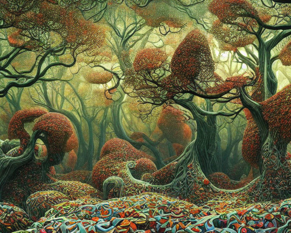 Surreal forest with twisted trees and vibrant fungi