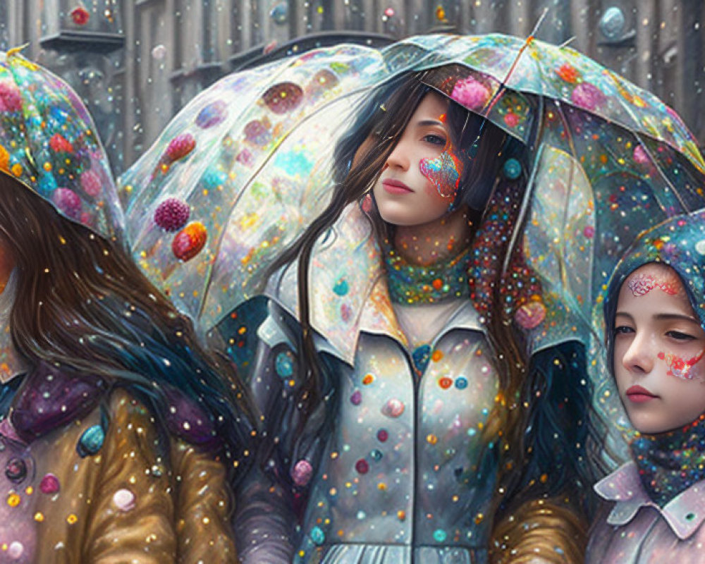 Colorful Painted Faces Under Transparent Umbrellas in Light Snow