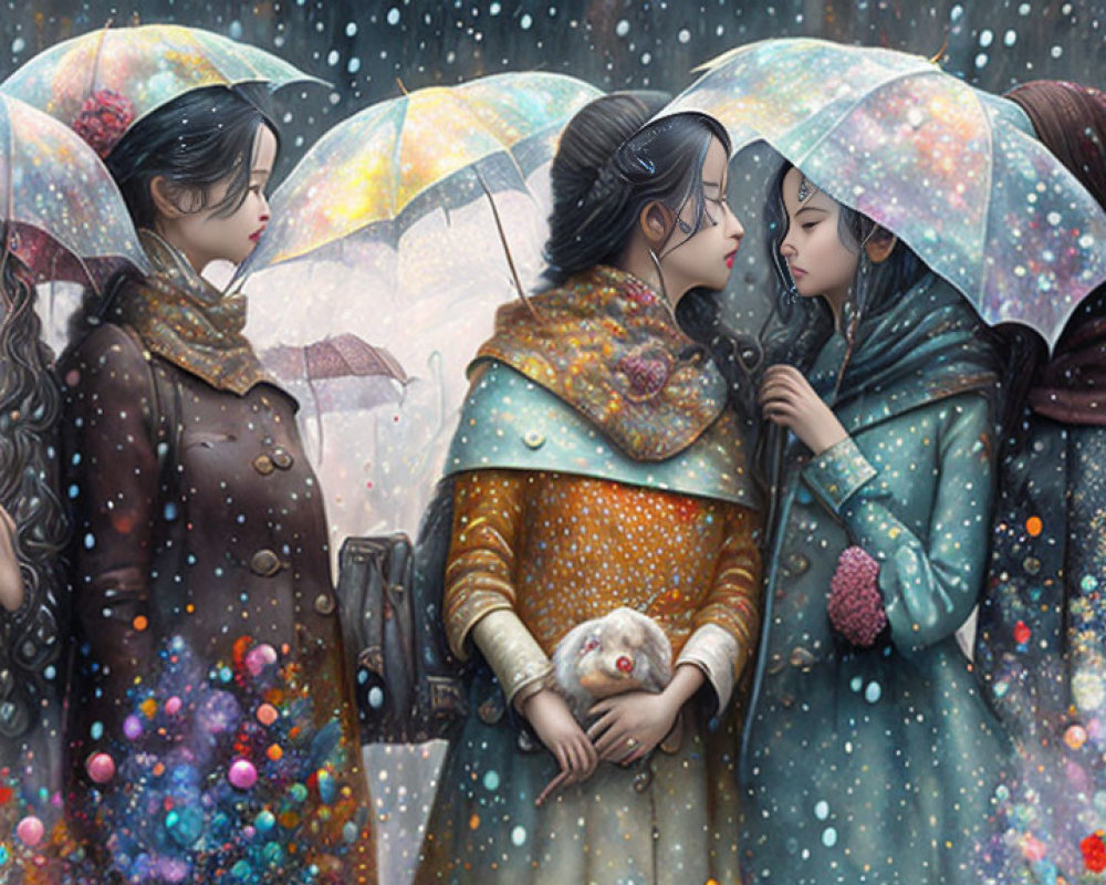 Four women under colorful umbrellas in snowy scene with vibrant orbs.