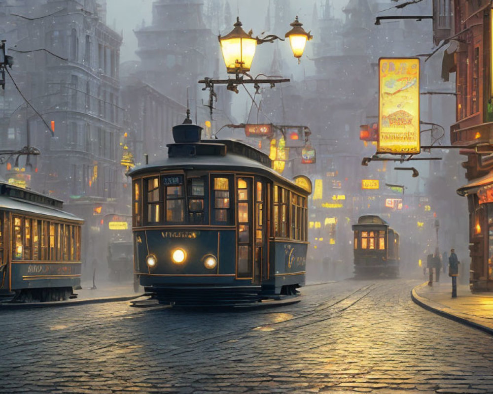 Vintage trams on misty cobblestone street at dusk with glowing street lamps and signs