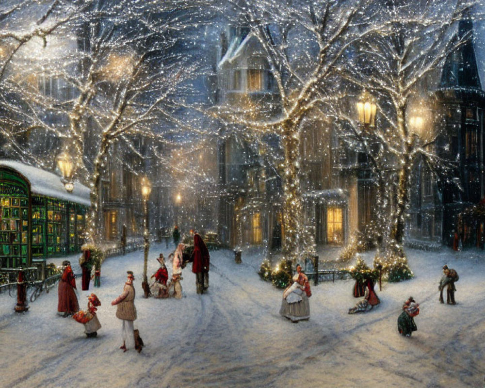 Victorian-themed snowy street with festive decorations and ornate kiosk