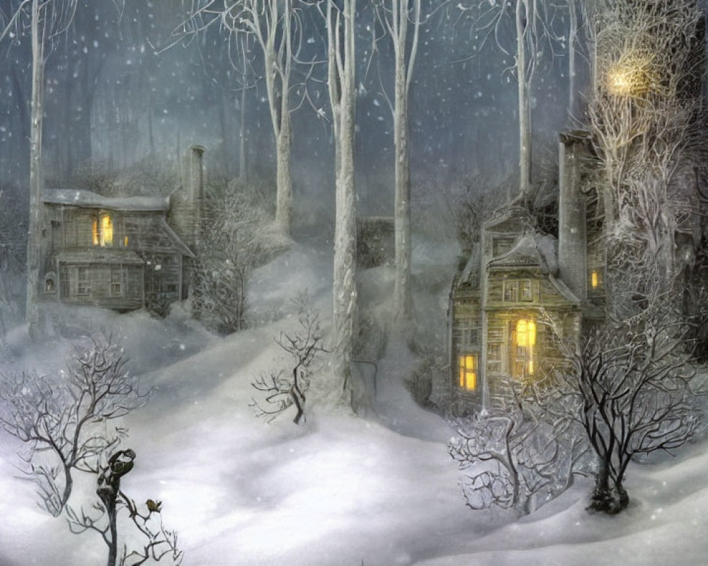 Snow-covered forest scene with cozy illuminated houses in gentle snowfall