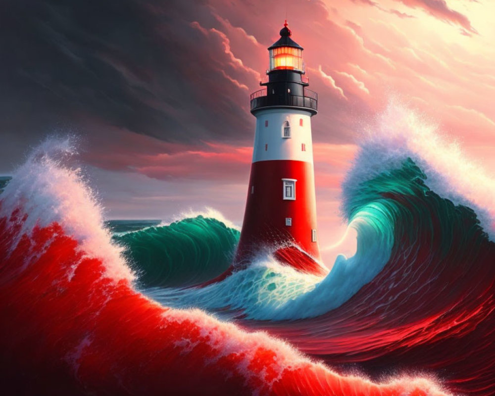 Detailed illustration: Glowing lighthouse amidst red waves and dramatic sky