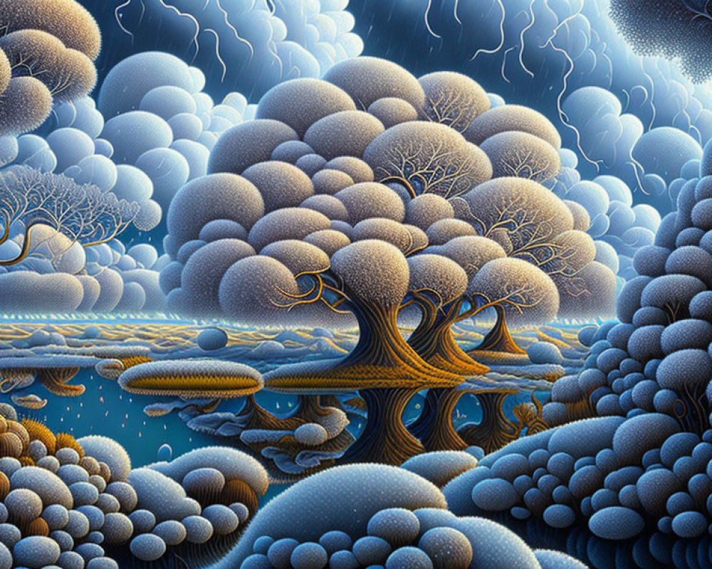 Surreal landscape with stylized trees and clouds on blue backdrop