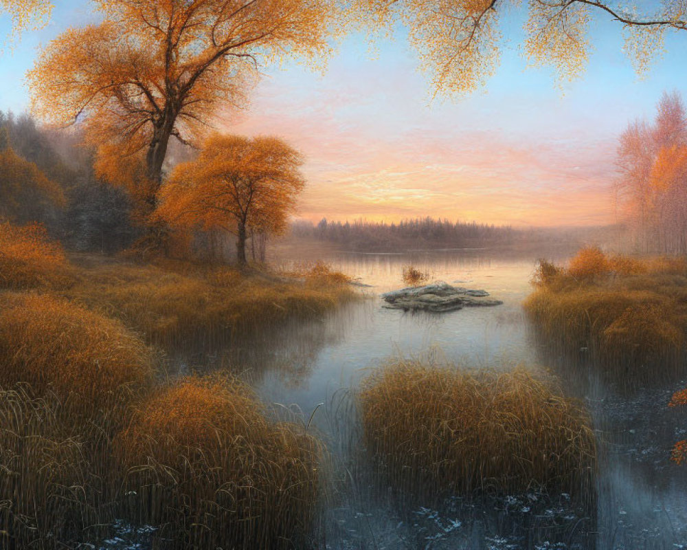 Tranquil autumn sunrise over misty lake with golden trees