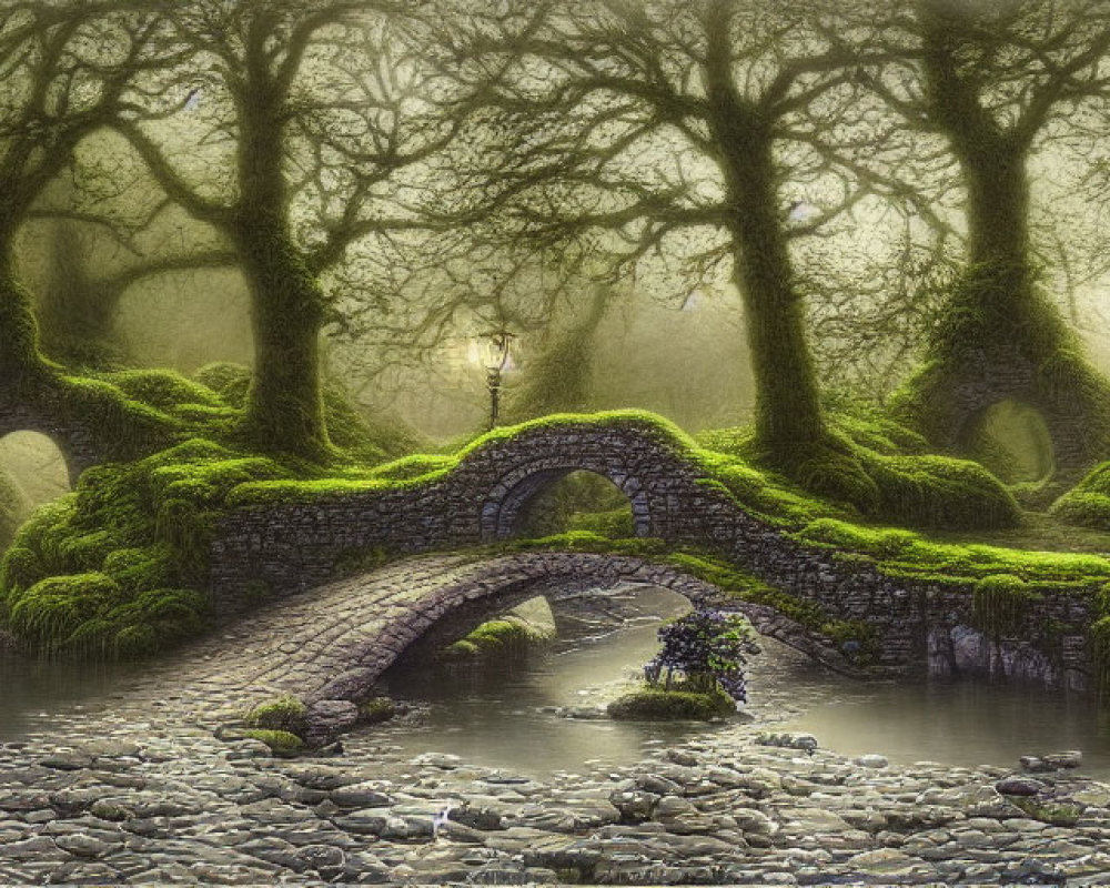 Stone bridge over calm stream with moss, lantern in misty forest.
