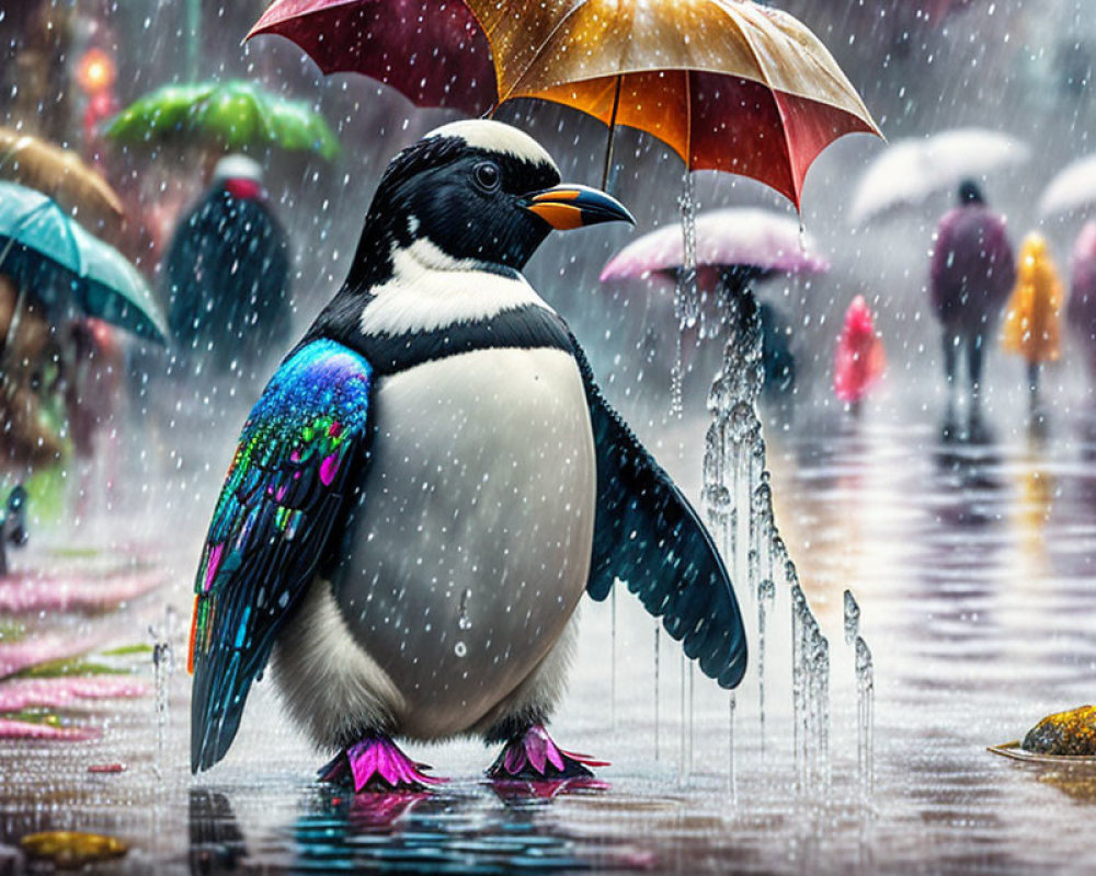 Colorful Penguin with Blue Wing Holding Orange Umbrella in Rainy Scene
