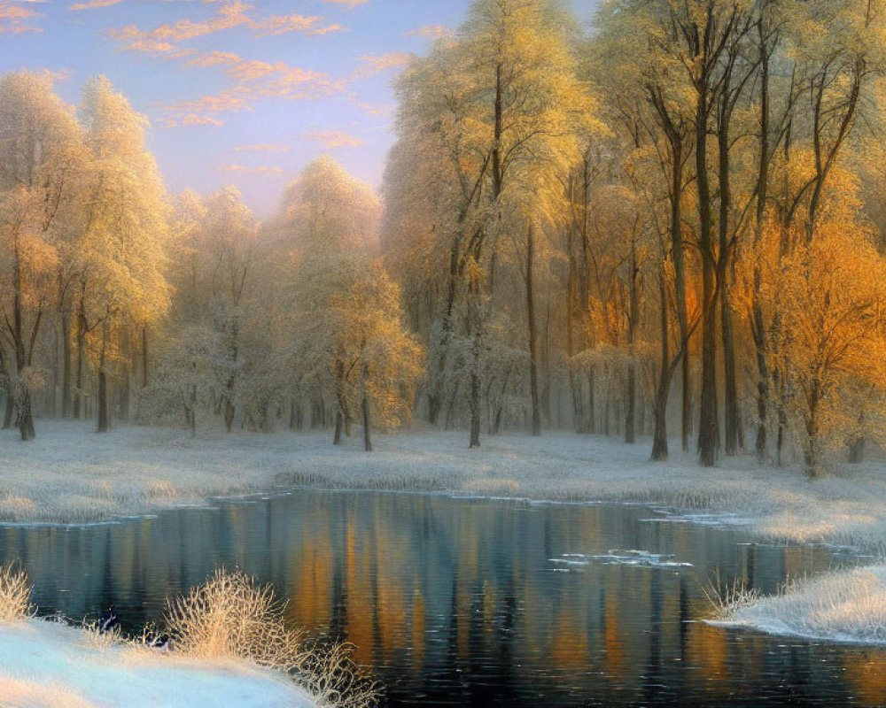 Tranquil winter landscape with frost-covered trees and serene river