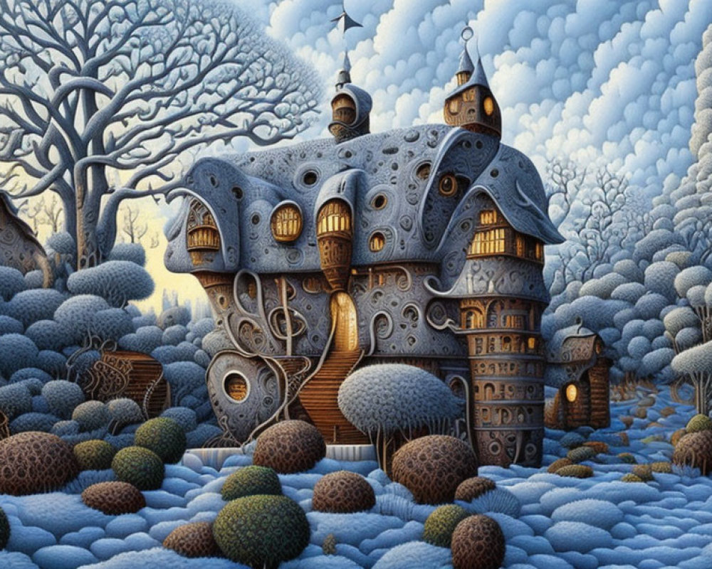 Fantasy house illustration in snowy landscape with organic design