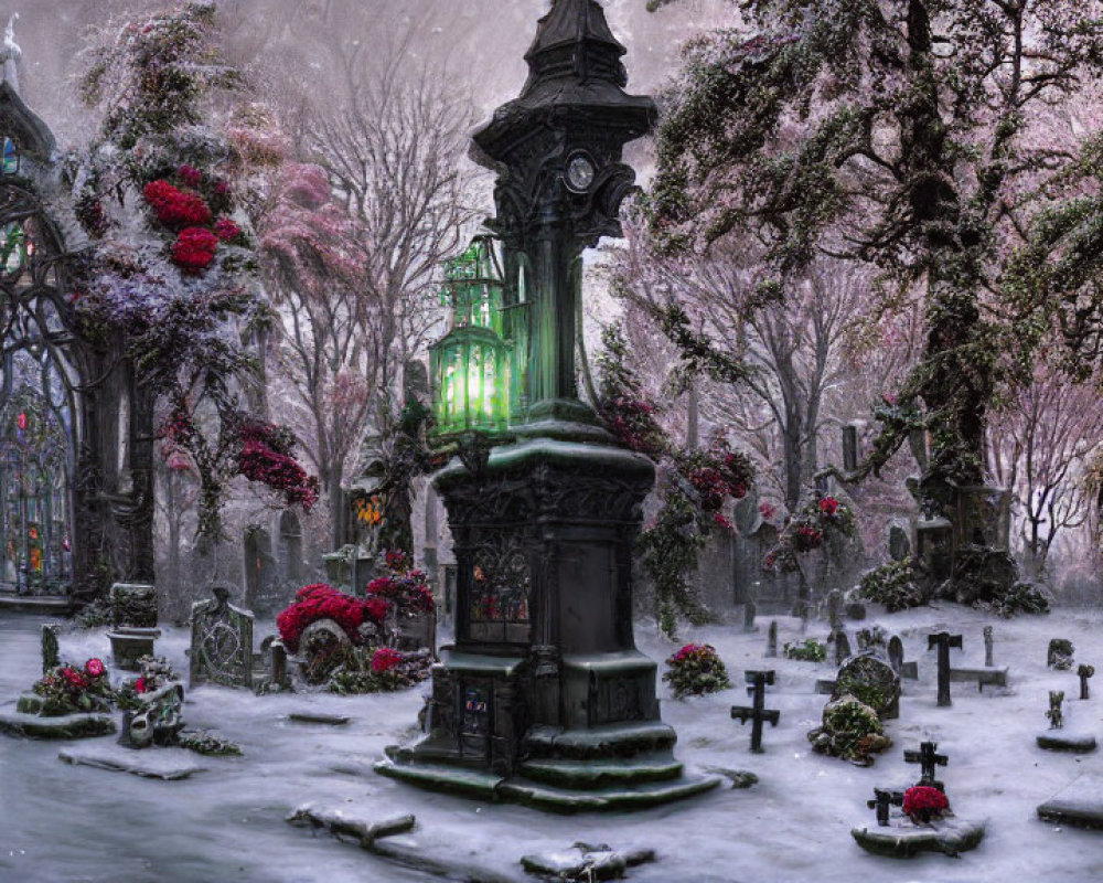 Snow-covered graveyard with red flowers, glowing streetlamp, and Gothic mausoleum