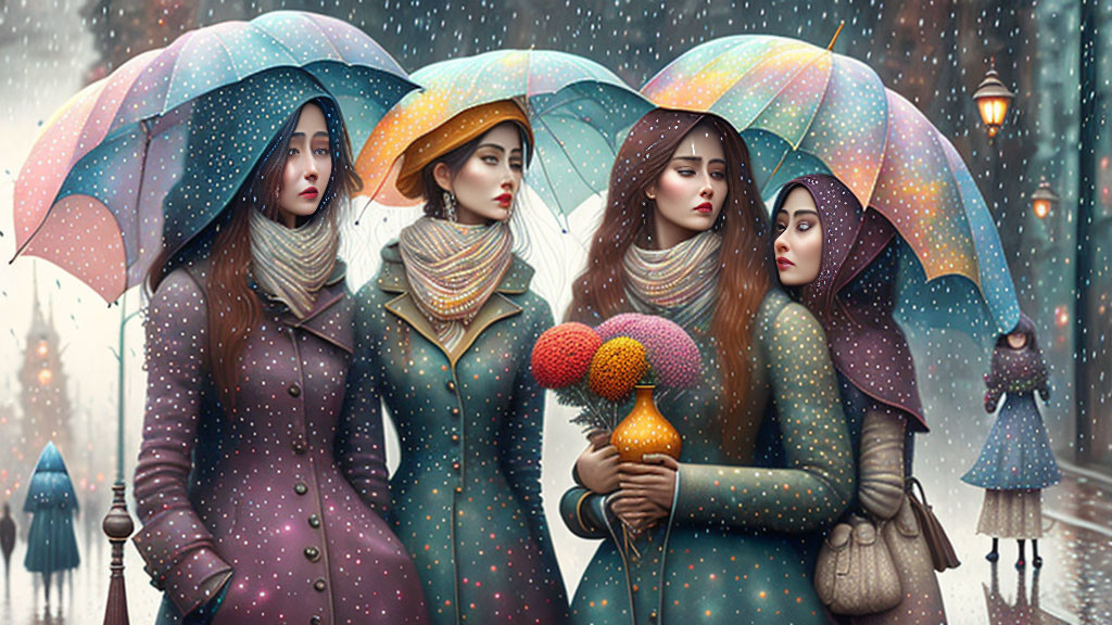 Four Women with Starry Umbrellas on Snowy Street