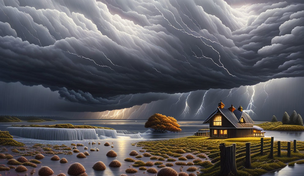 Digital landscape with storm, house near waterfall, lightning strikes