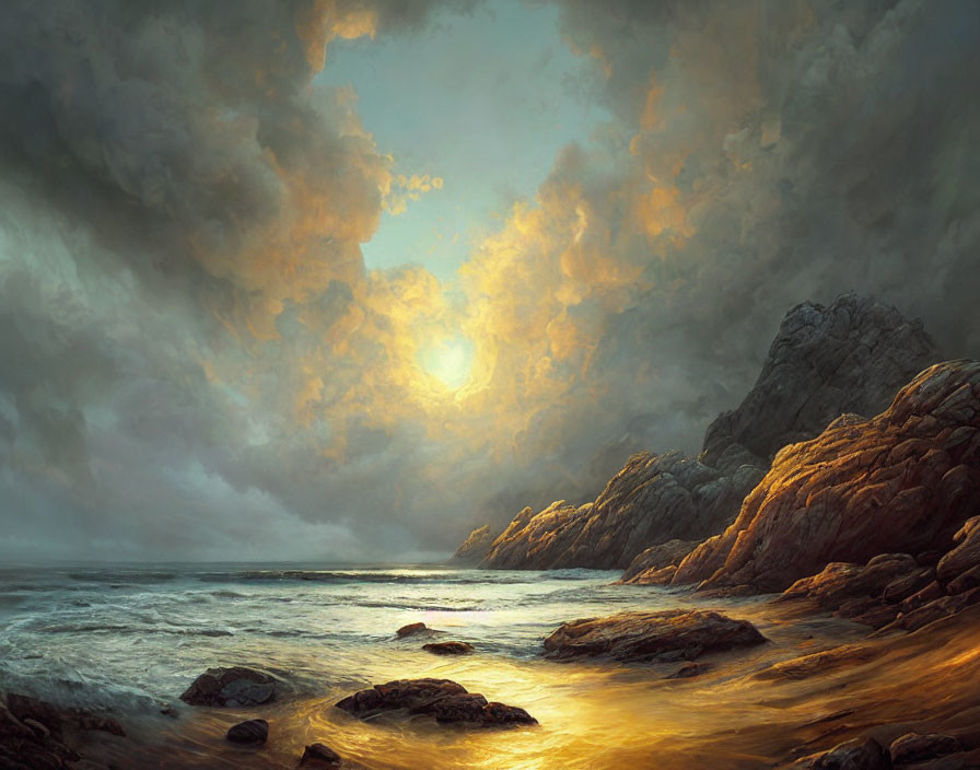 Stormy Seascape with Golden Sunlight on Rocky Cliffs