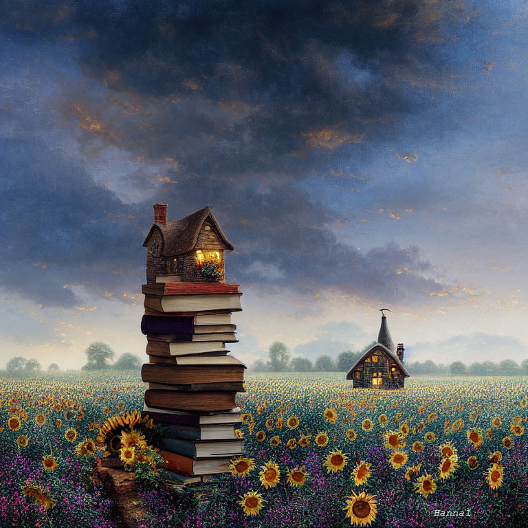 Whimsical artwork: tall stack of books, cottage, sunflowers, dusky sky