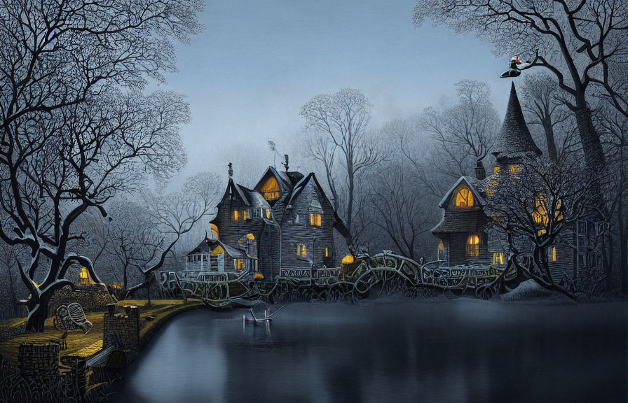 Nighttime village scene: illuminated homes, lake with swan, barren trees, person in boat with