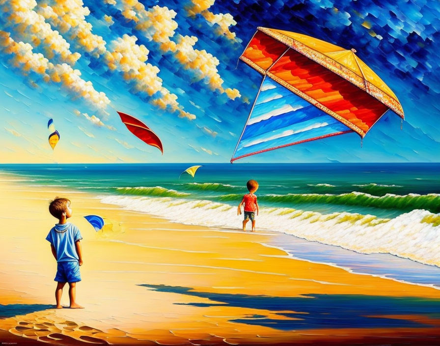 Children with colorful kites on vibrant beach under blue sky
