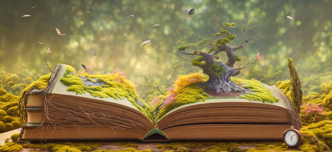 Miniature tree and greenery on open book with magical landscape illusion, butterflies and pocket watch.