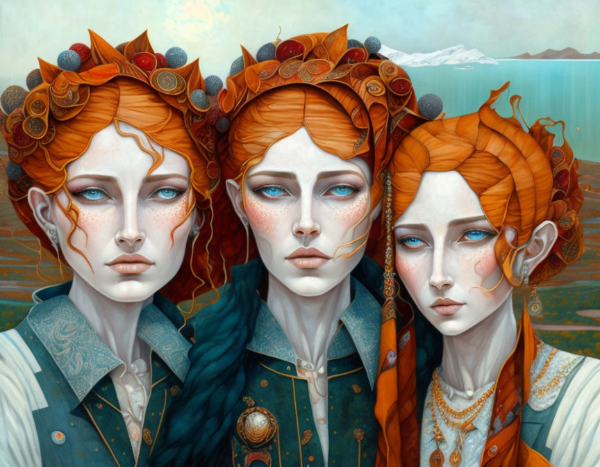 Ethereal women with ornate orange hair in mystical attire and jewelry.