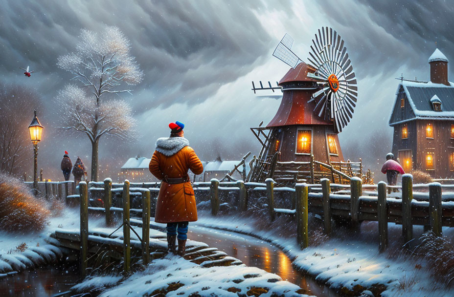 Person in winter coat by snowy path, observing windmill and houses under twilight sky with falling snowfl